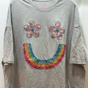 NWT NATURAL LIFE Gray Tee with Colorful Floral Smile Design